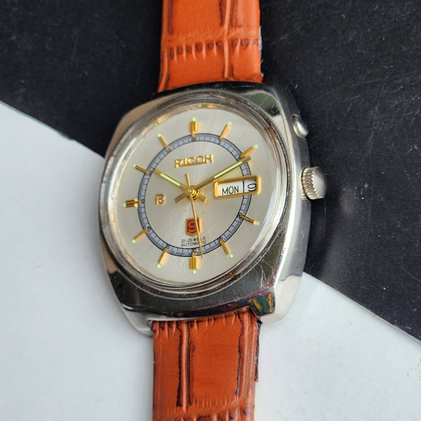 Vintage Original Ricoh R31 Silver Face Automatic 21 Jewels Brown Croco Leather Strap Men's Wrist Watch G26