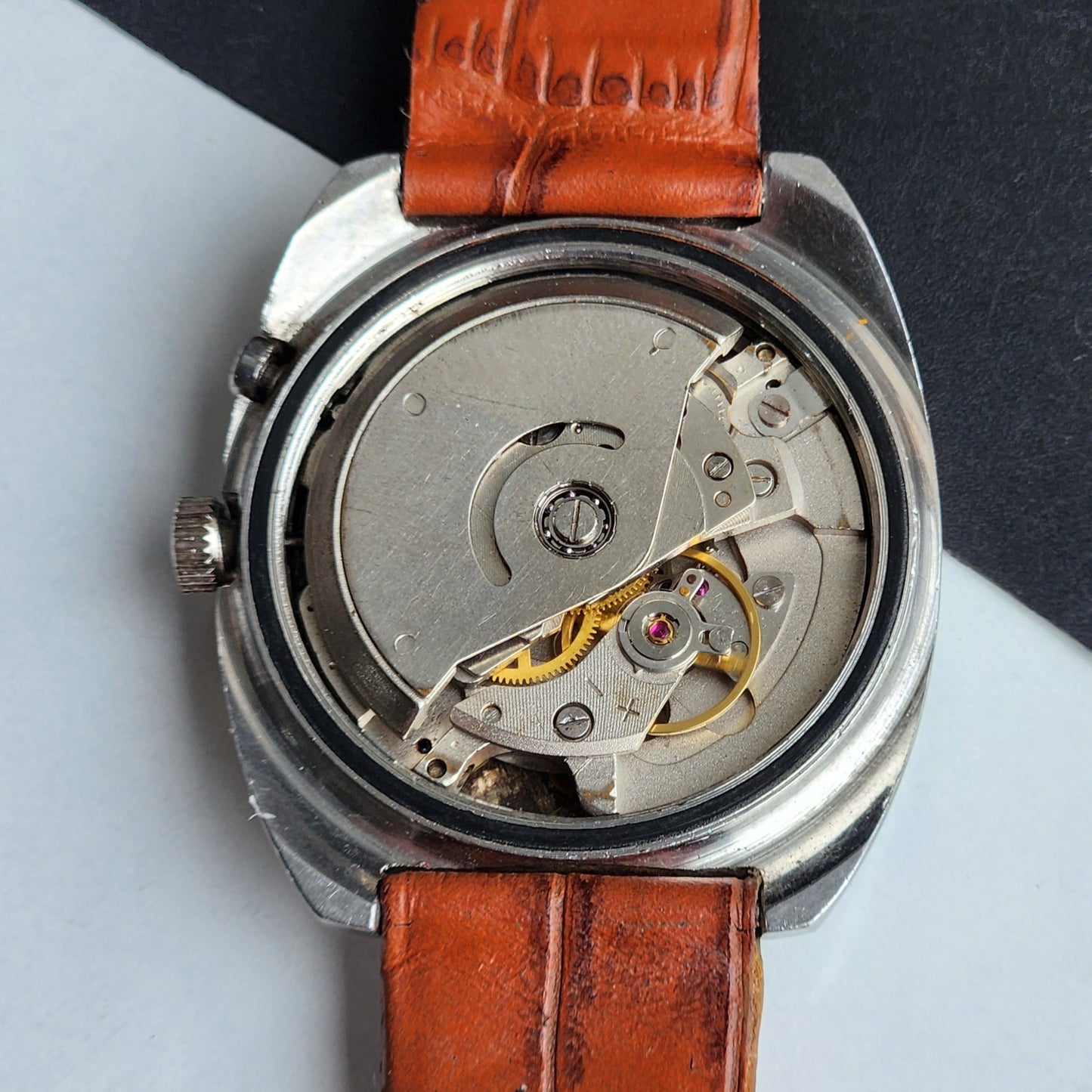Vintage Original Ricoh R31 Silver Face Automatic 21 Jewels Brown Croco Leather Strap Men's Wrist Watch G26