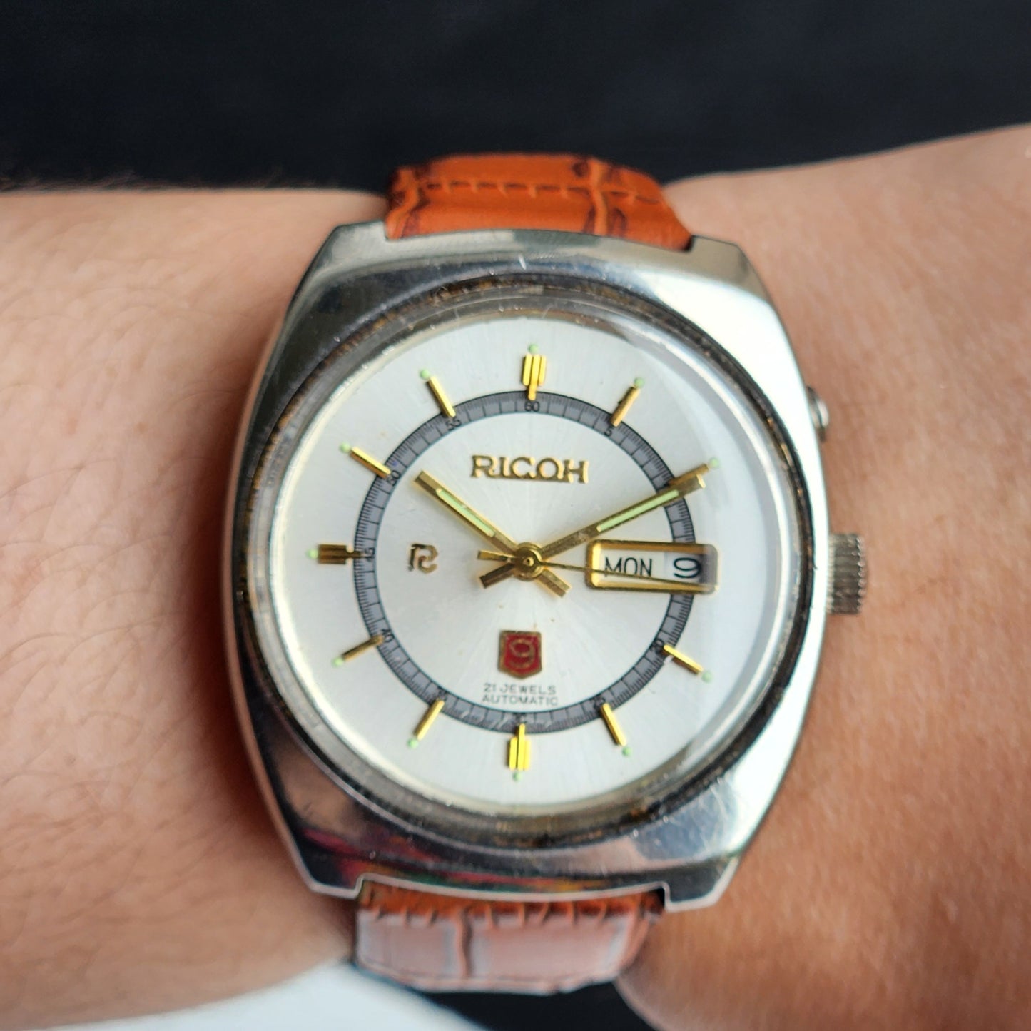 Vintage Original Ricoh R31 Silver Face Automatic 21 Jewels Brown Croco Leather Strap Men's Wrist Watch G26