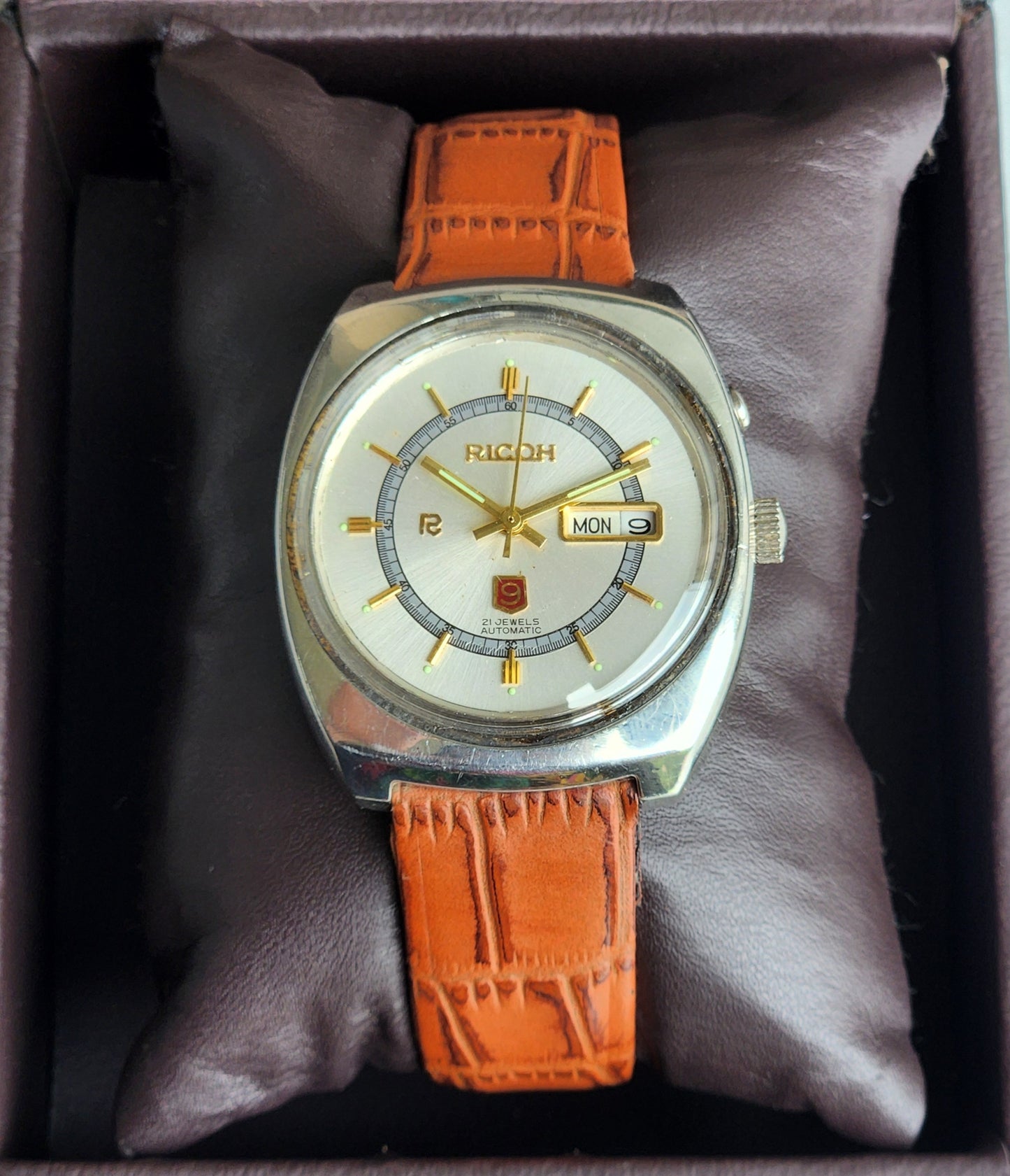 Vintage Original Ricoh R31 Silver Face Automatic 21 Jewels Brown Croco Leather Strap Men's Wrist Watch G26