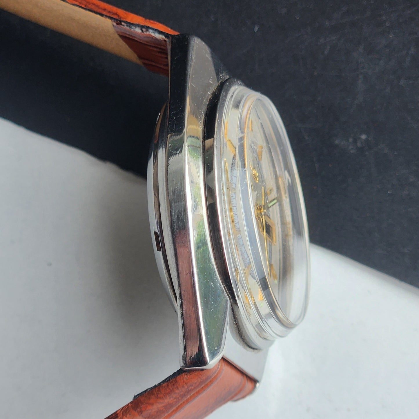 Vintage Original Ricoh R31 Silver Face Automatic 21 Jewels Brown Croco Leather Strap Men's Wrist Watch G27