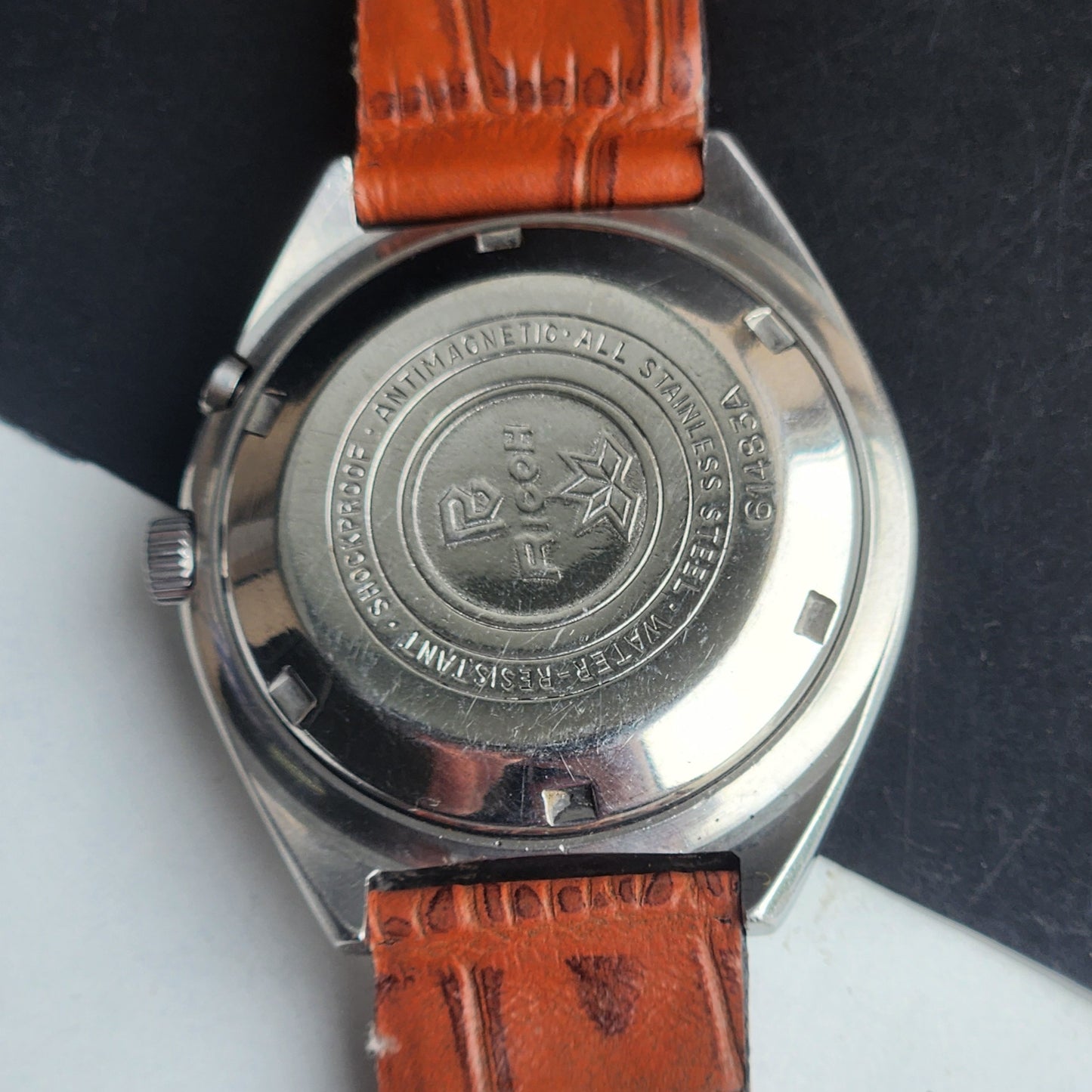 Vintage Original Ricoh R31 Silver Face Automatic 21 Jewels Brown Croco Leather Strap Men's Wrist Watch G27