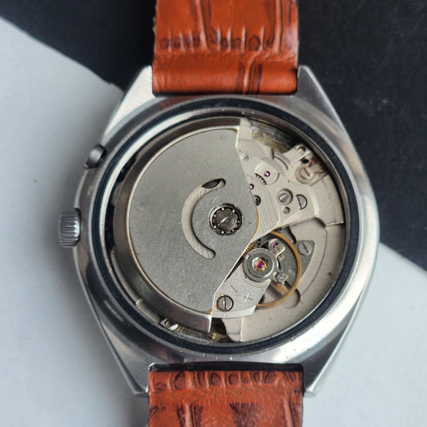 Vintage Original Ricoh R31 Silver Face Automatic 21 Jewels Brown Croco Leather Strap Men's Wrist Watch G27