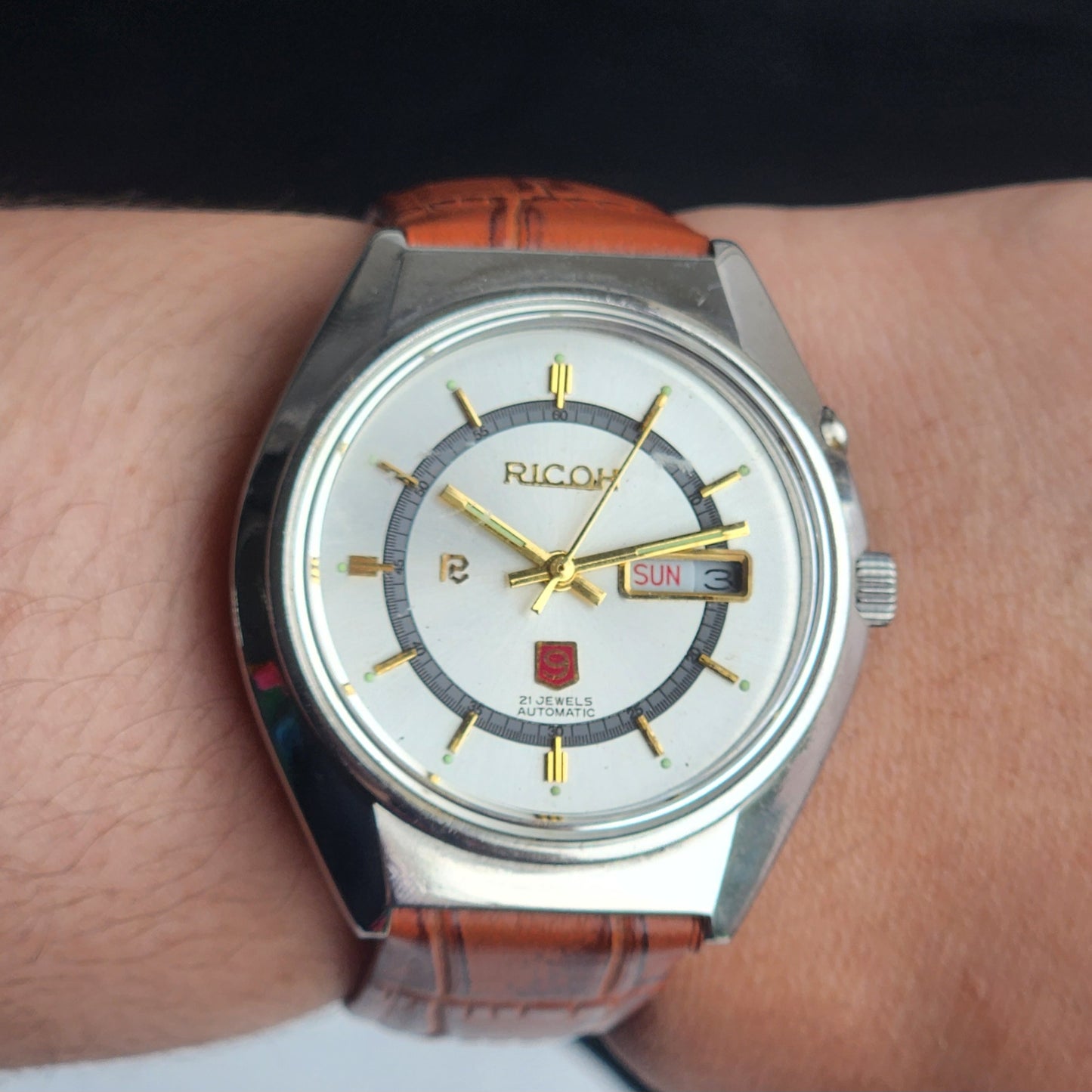 Vintage Original Ricoh R31 Silver Face Automatic 21 Jewels Brown Croco Leather Strap Men's Wrist Watch G27