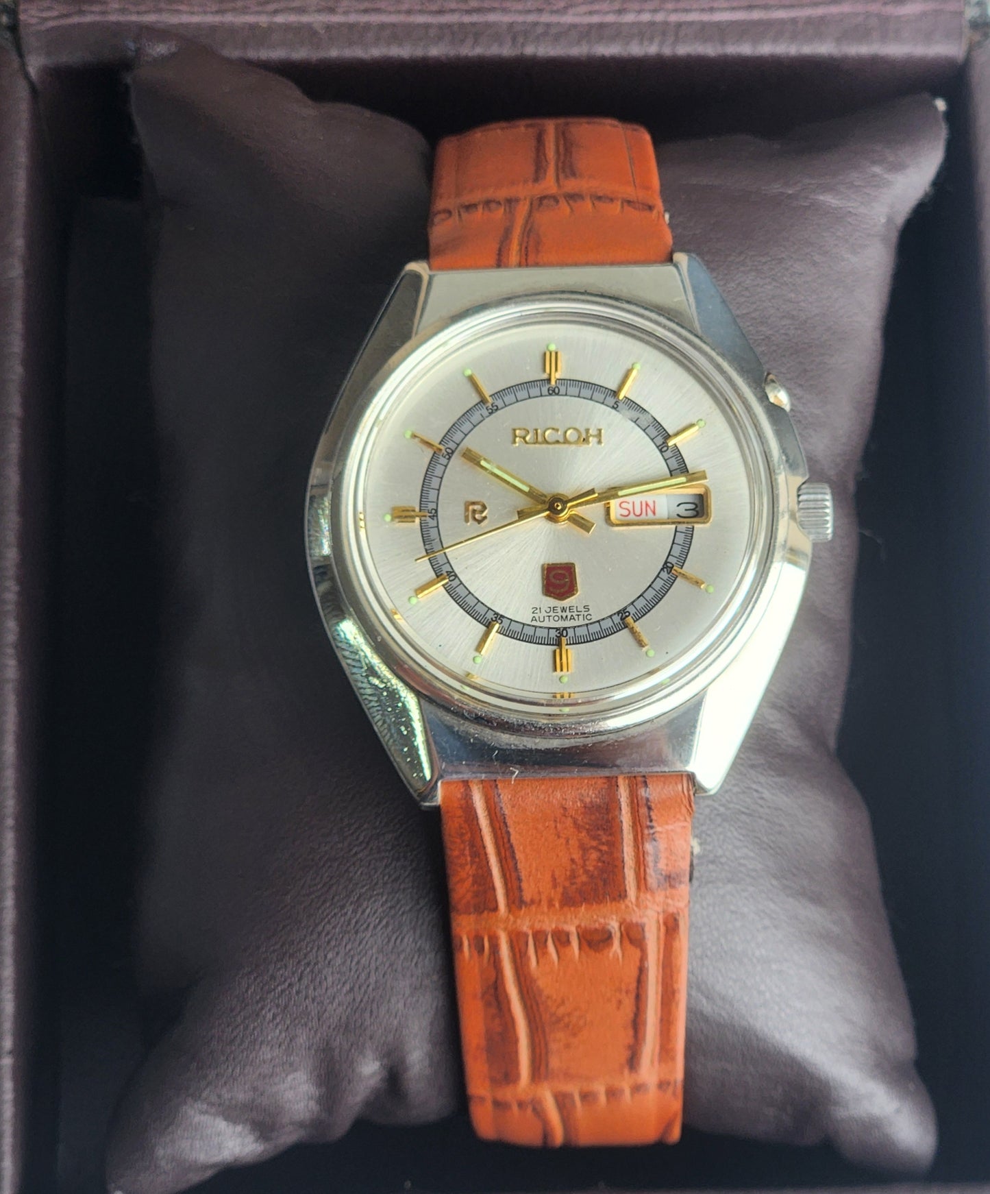 Vintage Original Ricoh R31 Silver Face Automatic 21 Jewels Brown Croco Leather Strap Men's Wrist Watch G27