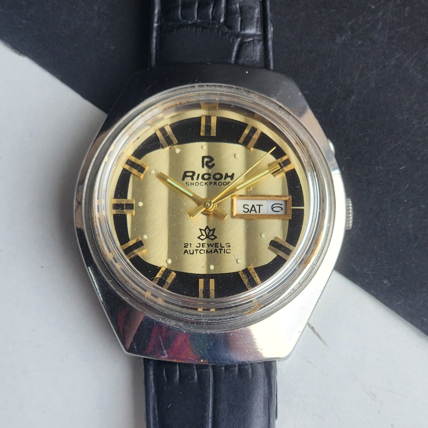 Vintage Original Ricoh R31 Golden Face Automatic 21 Jewels Black Croco Leather Strap Men's Wrist Watch G28