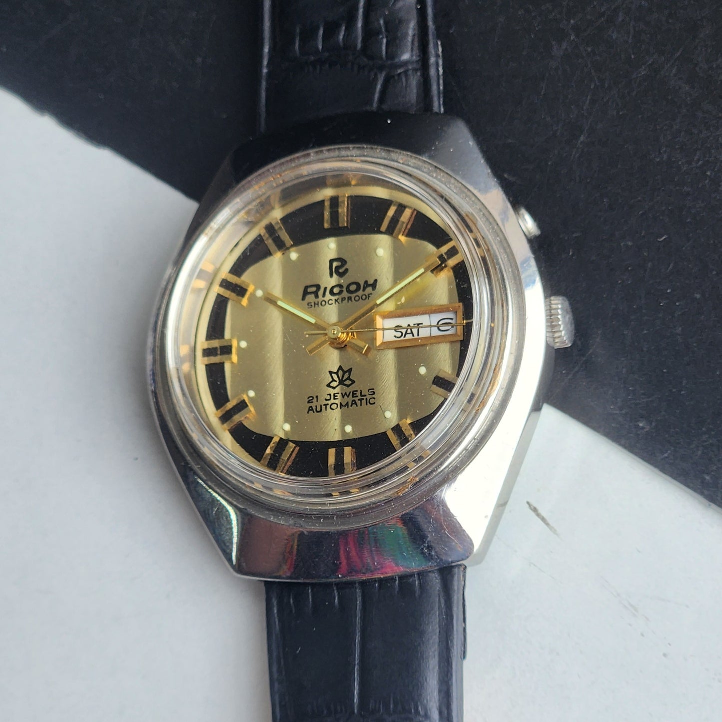 Vintage Original Ricoh R31 Golden Face Automatic 21 Jewels Black Croco Leather Strap Men's Wrist Watch G28