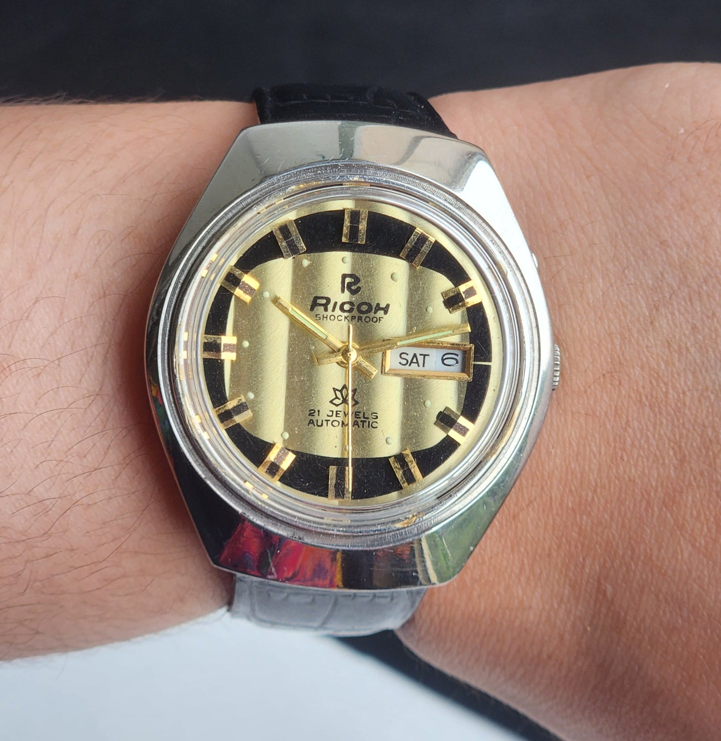Vintage Original Ricoh R31 Golden Face Automatic 21 Jewels Black Croco Leather Strap Men's Wrist Watch G28