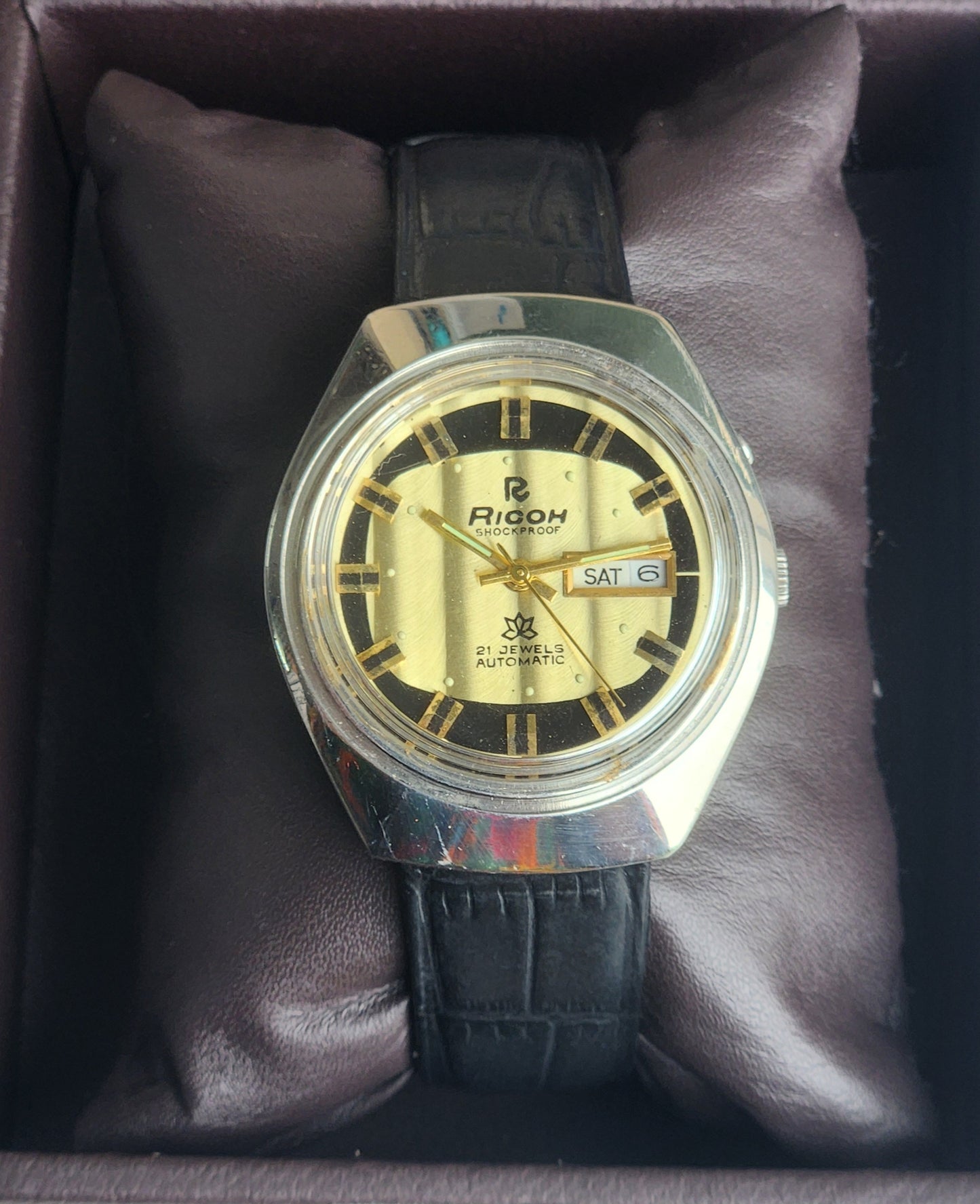 Vintage Original Ricoh R31 Golden Face Automatic 21 Jewels Black Croco Leather Strap Men's Wrist Watch G28