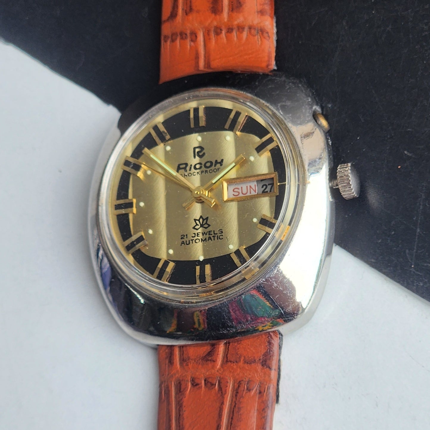 Vintage Original Ricoh R31 Golden Face Automatic 21 Jewels Brown Croco Leather Strap Men's Wrist Watch G29
