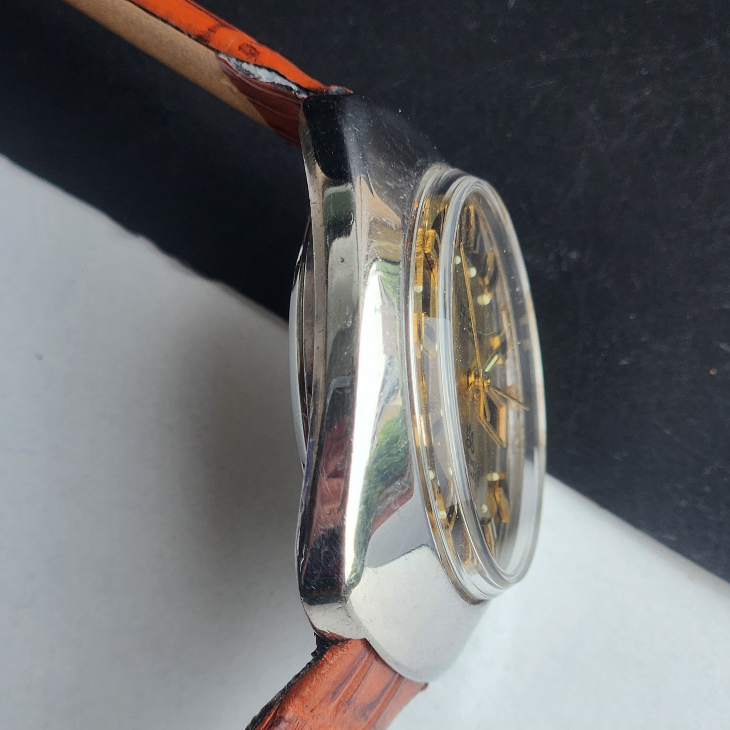 Vintage Original Ricoh R31 Golden Face Automatic 21 Jewels Brown Croco Leather Strap Men's Wrist Watch G29