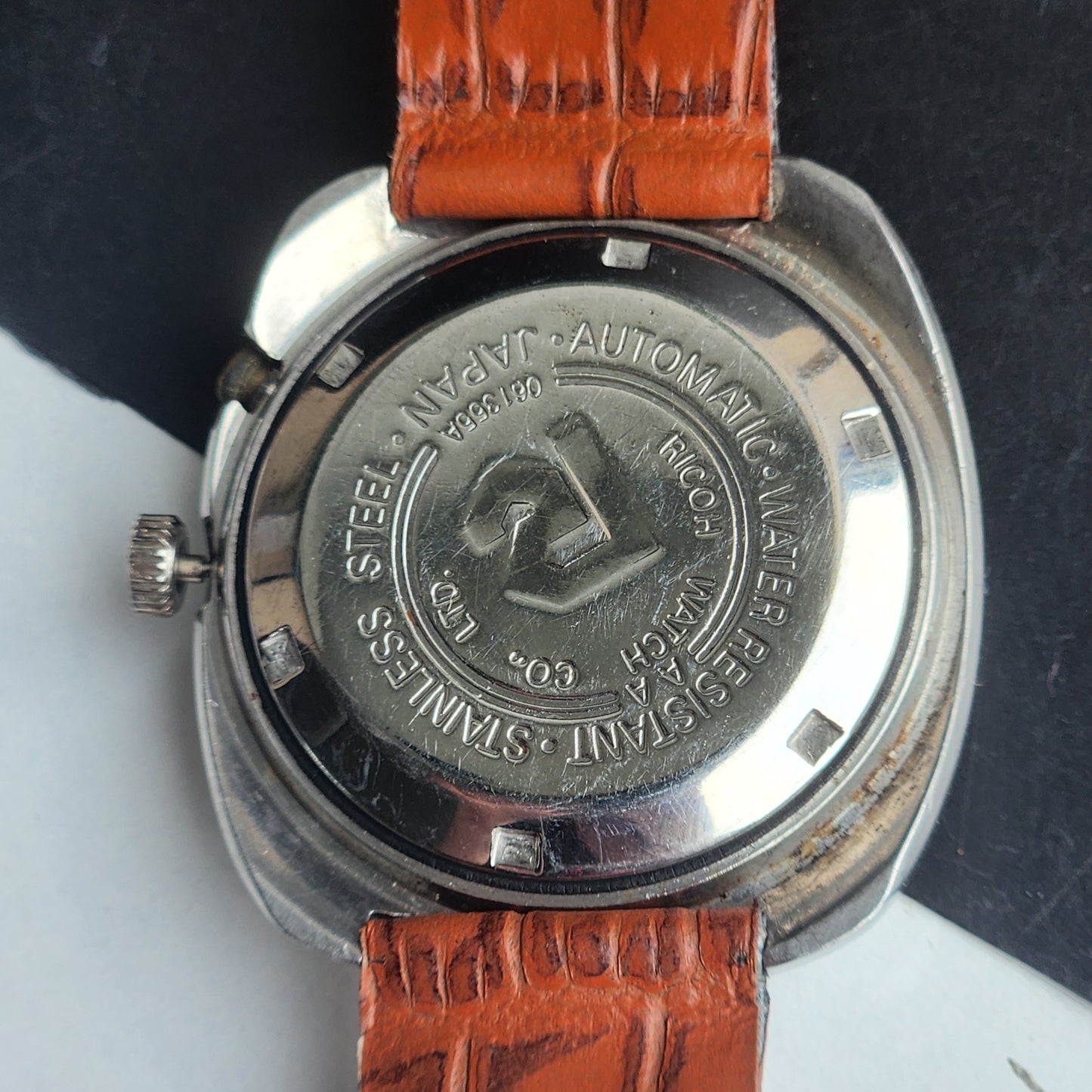 Vintage Original Ricoh R31 Golden Face Automatic 21 Jewels Brown Croco Leather Strap Men's Wrist Watch G29