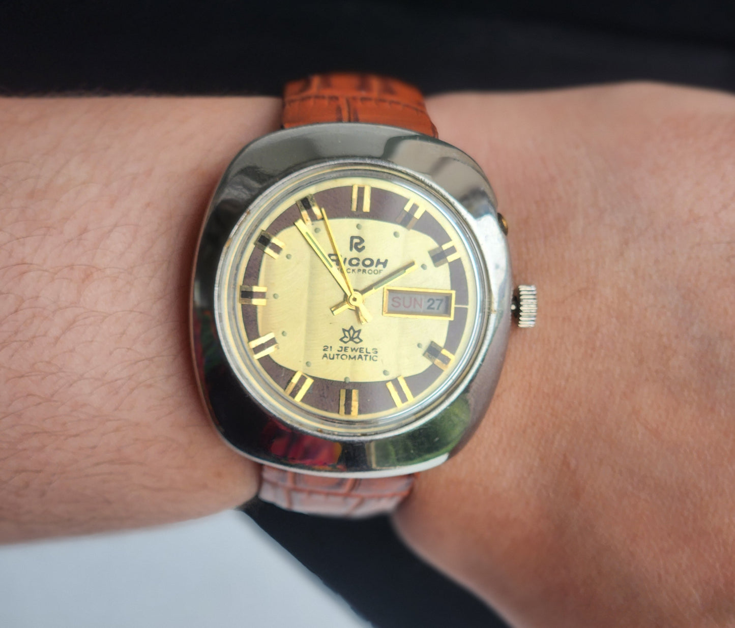 Vintage Original Ricoh R31 Golden Face Automatic 21 Jewels Brown Croco Leather Strap Men's Wrist Watch G29