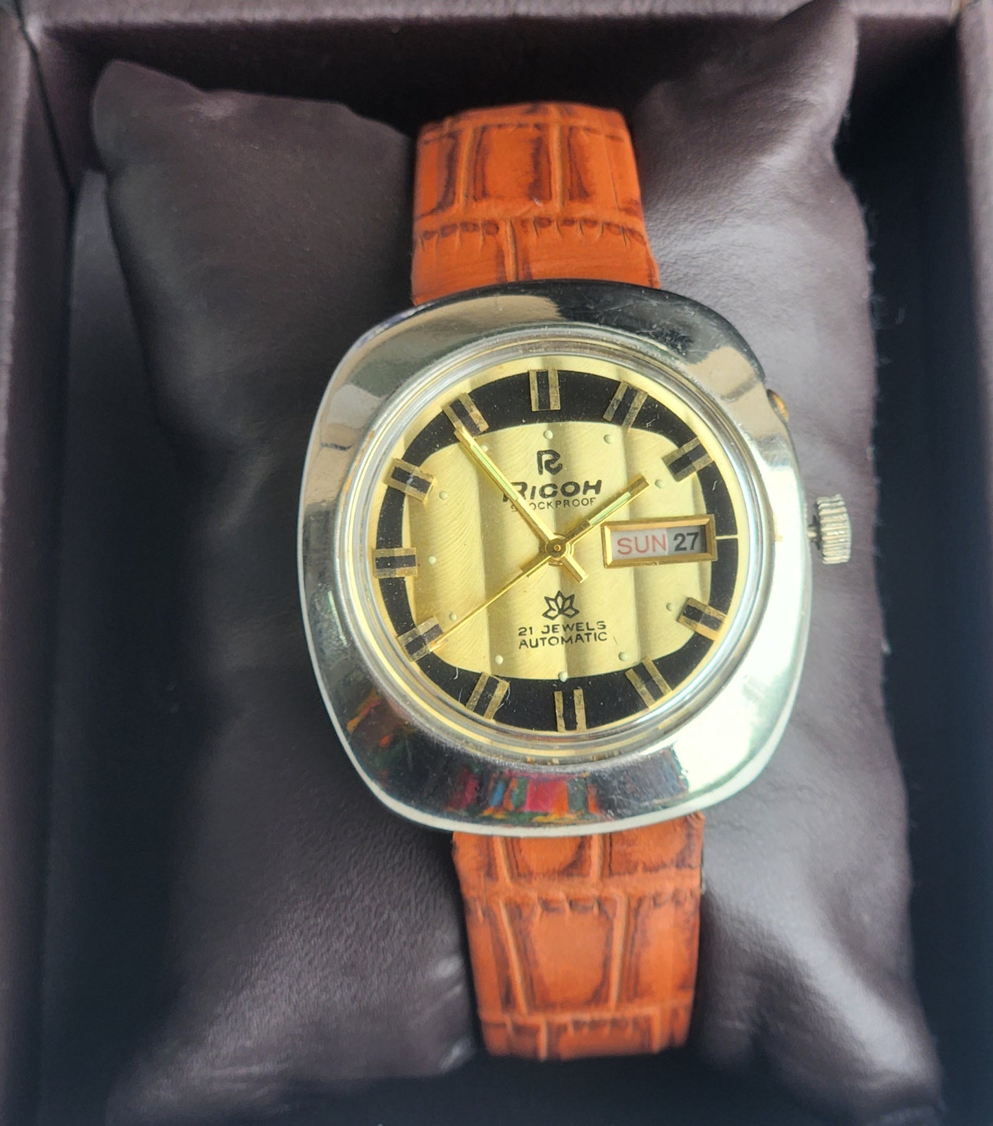 Vintage Original Ricoh R31 Golden Face Automatic 21 Jewels Brown Croco Leather Strap Men's Wrist Watch G29