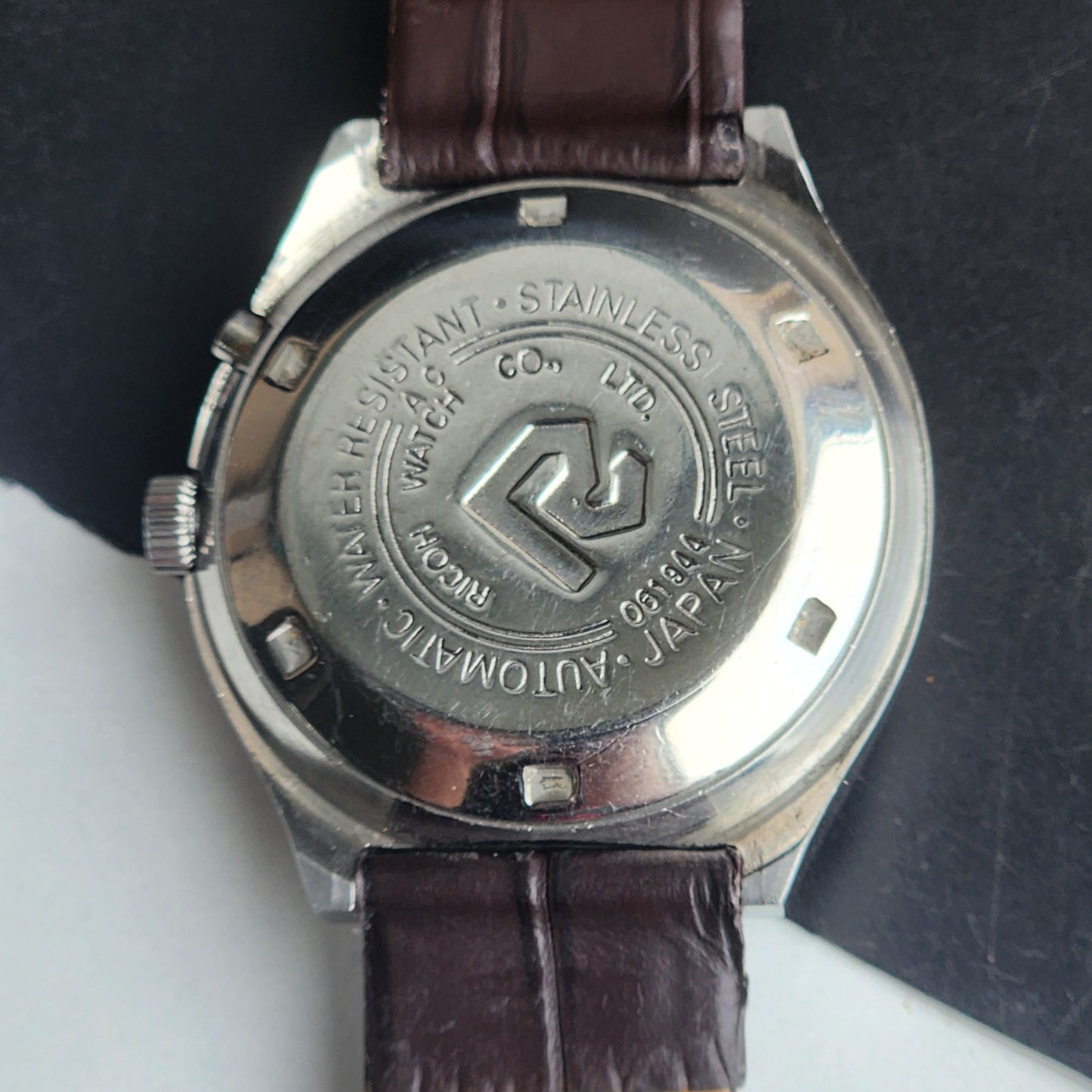Vintage Original Ricoh R31 Silver Face Automatic 21 Jewels Brown Croco Leather Strap Men's Wrist Watch G30