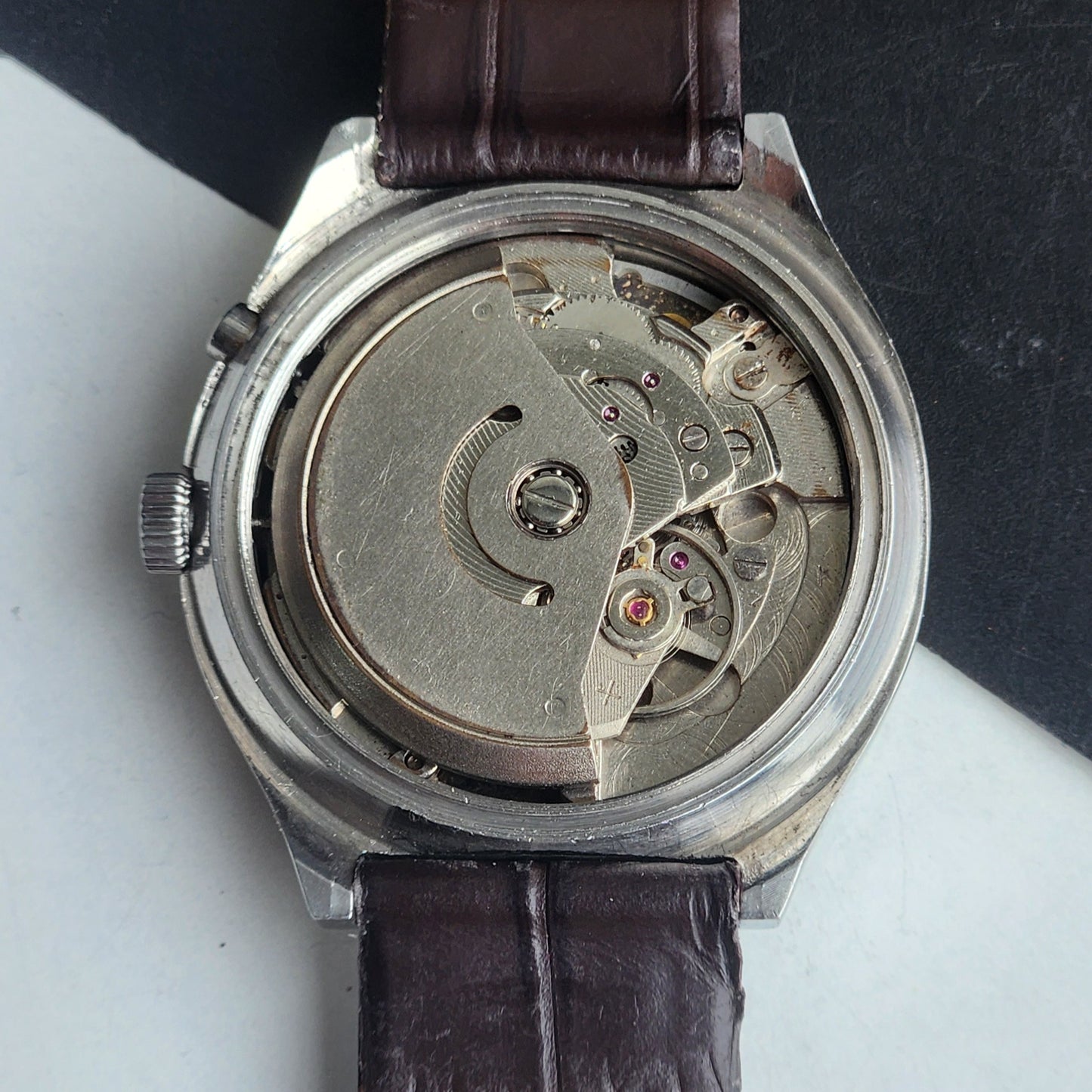 Vintage Original Ricoh R31 Silver Face Automatic 21 Jewels Brown Croco Leather Strap Men's Wrist Watch G30