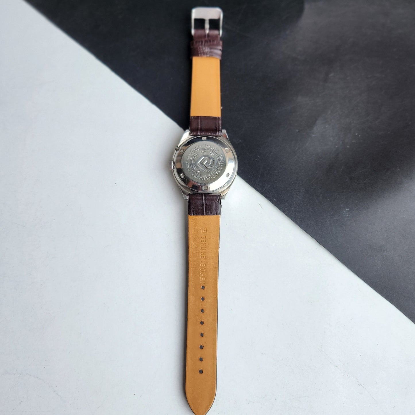 Vintage Original Ricoh R31 Silver Face Automatic 21 Jewels Brown Croco Leather Strap Men's Wrist Watch G30