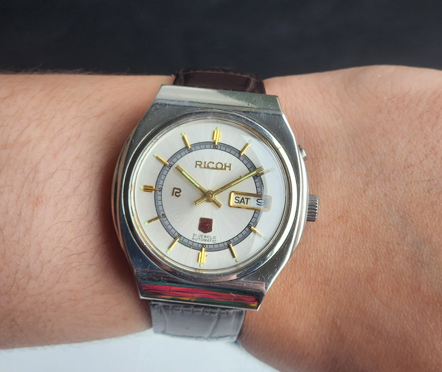 Vintage Original Ricoh R31 Silver Face Automatic 21 Jewels Brown Croco Leather Strap Men's Wrist Watch G30