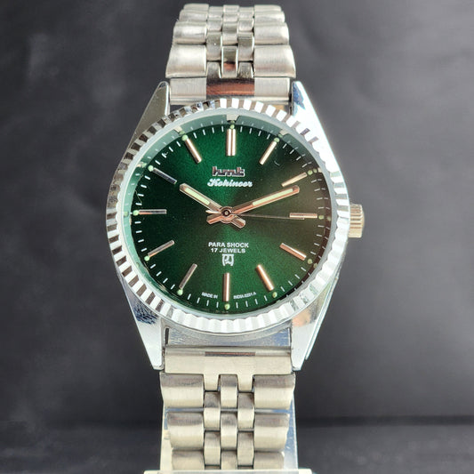 Vintage MOD HMT Kohinoor Hand Winding 17 Jewels Green Face Fluted Bezel Jubilee Bracelet Men's Wrist Watch G61