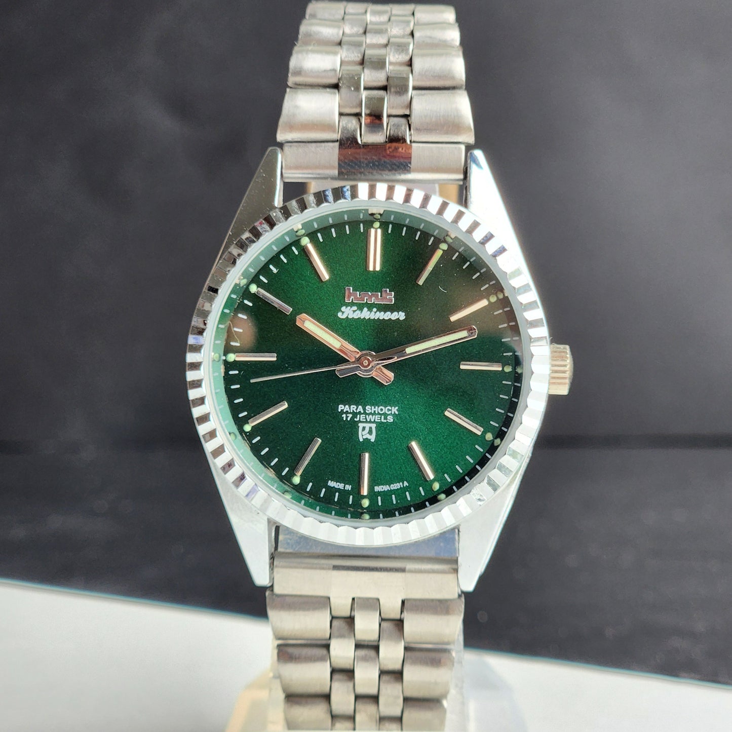 Vintage HMT Kohinoor Hand Winding 17 Jewels Green Face Fluted Bezel Jubilee Bracelet Men's Wrist Watch G61