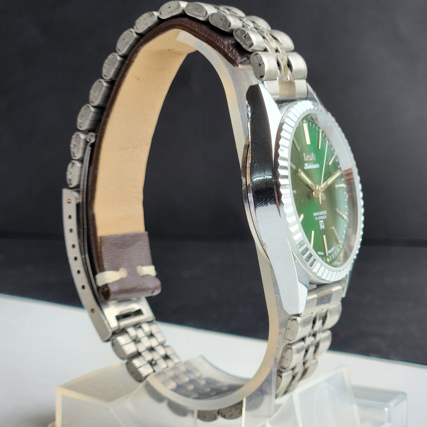 Vintage HMT Kohinoor Hand Winding 17 Jewels Green Face Fluted Bezel Jubilee Bracelet Men's Wrist Watch G61