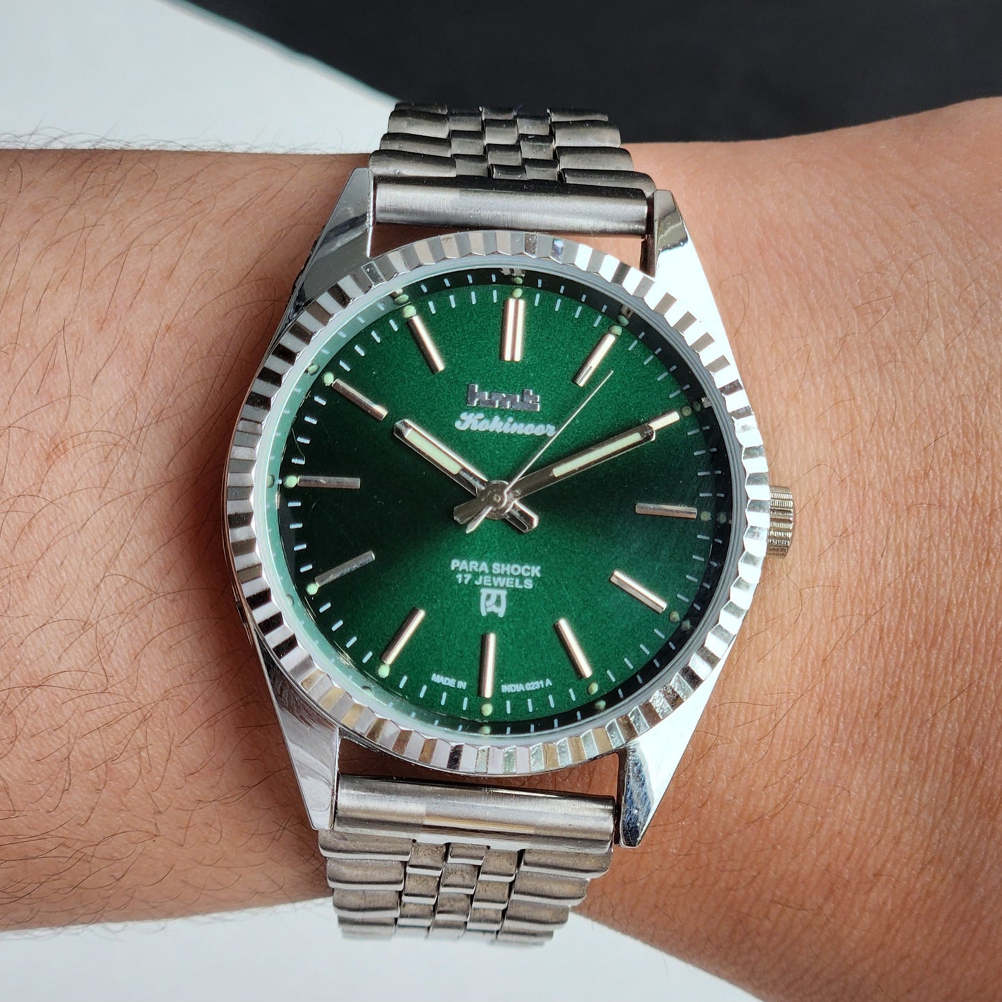 Vintage HMT Kohinoor Hand Winding 17 Jewels Green Face Fluted Bezel Jubilee Bracelet Men's Wrist Watch G61
