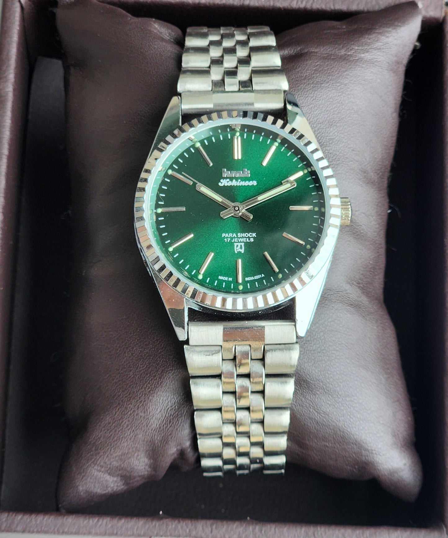 Vintage HMT Kohinoor Hand Winding 17 Jewels Green Face Fluted Bezel Jubilee Bracelet Men's Wrist Watch G61