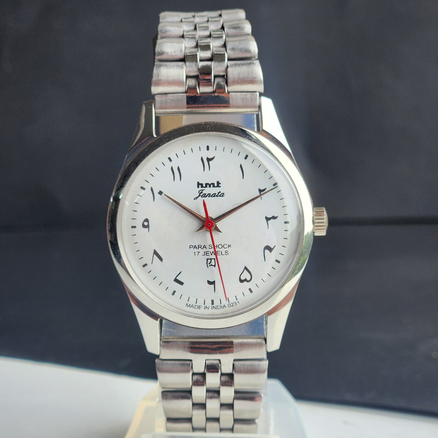 Vintage MOD HMT Janata Arabic/Urdu Hand Winding 17 Jewels White Face 35MM Silver Case Exhibition Back Men's Wrist Watch G46