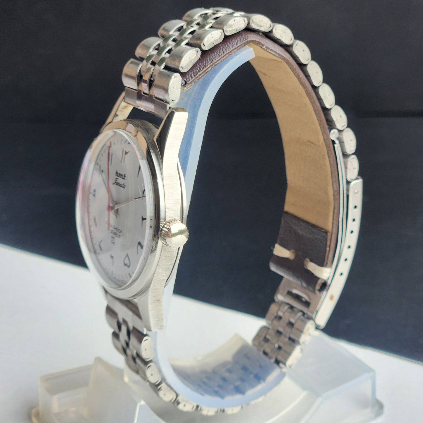 Vintage MOD HMT Janata Arabic/Urdu Hand Winding 17 Jewels White Face 35MM Silver Case Exhibition Back Men's Wrist Watch G46