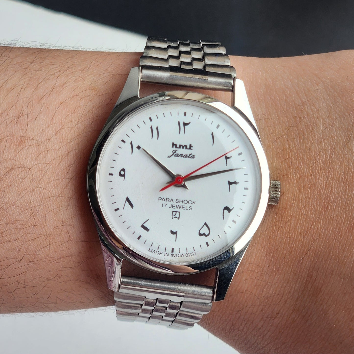 Vintage MOD HMT Janata Arabic/Urdu Hand Winding 17 Jewels White Face 35MM Silver Case Exhibition Back Men's Wrist Watch G46