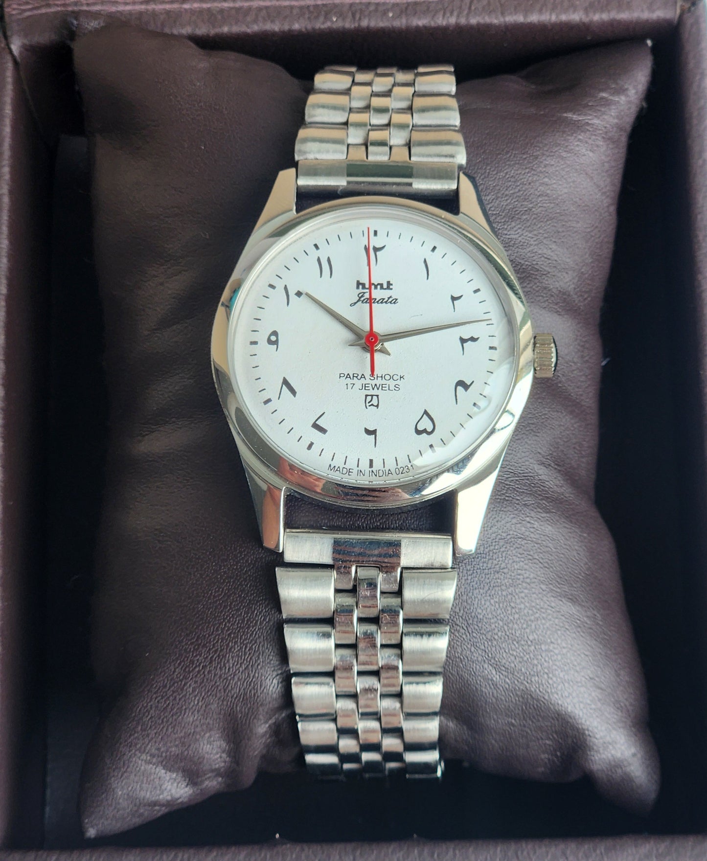 Vintage MOD HMT Janata Arabic/Urdu Hand Winding 17 Jewels White Face 35MM Silver Case Exhibition Back Men's Wrist Watch G46
