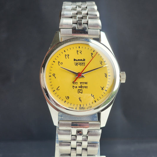 Vintage MOD HMT Janata Devanagari Hand Winding 17 Jewels Yellow Face 35MM Silver Case Exhibition Back Men's Wrist Watch G47
