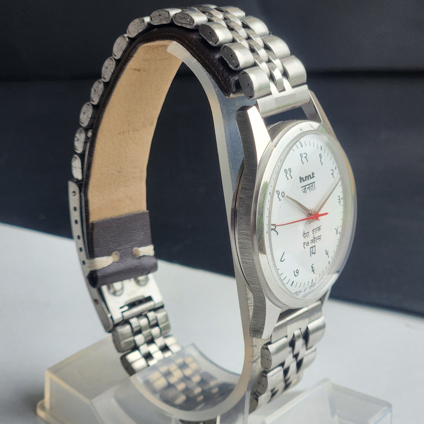 Vintage HMT Janata Devanagari Hand Winding 17 Jewels White Face 35MM Silver Case Exhibition Back Men's Wrist Watch G49
