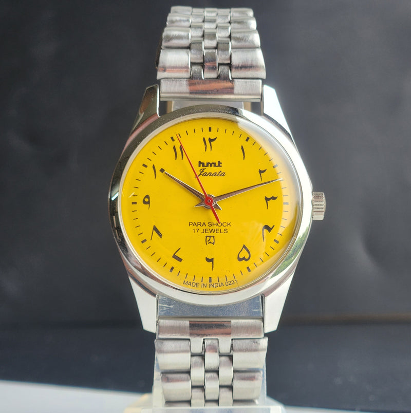 Vintage MOD HMT Janata Urdu/Arabic Hand Winding 17 Jewels Yellow Face 35MM Silver Case Exhibition Back Men's Wrist Watch G50