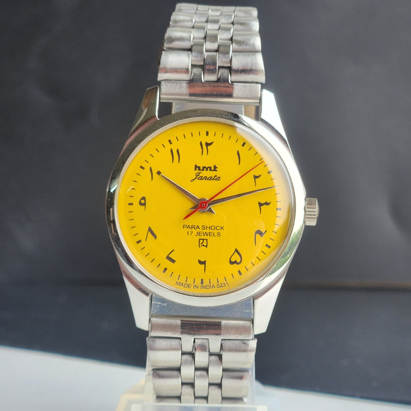 Vintage HMT Janata Urdu/Arabic Hand Winding 17 Jewels Yellow Face 35MM Silver Case Exhibition Back Men's Wrist Watch G50