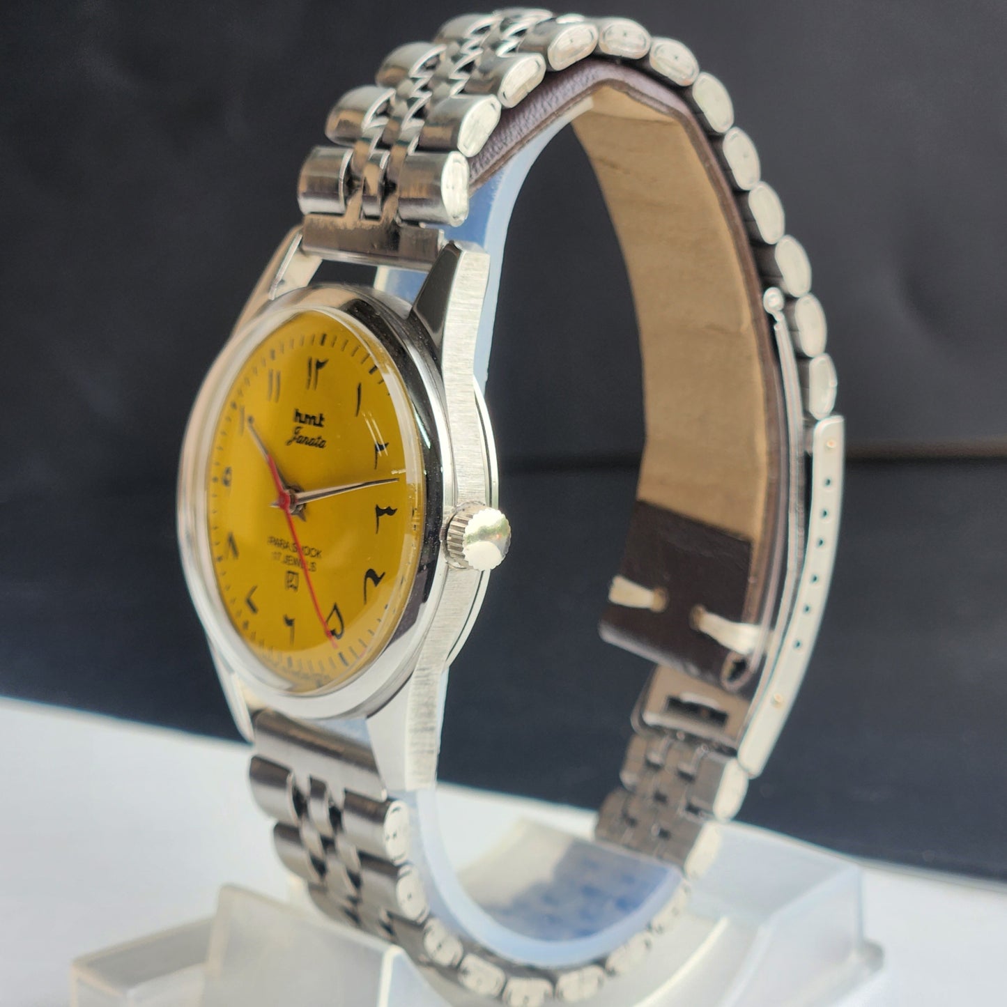 Vintage HMT Janata Urdu/Arabic Hand Winding 17 Jewels Yellow Face 35MM Silver Case Exhibition Back Men's Wrist Watch G50