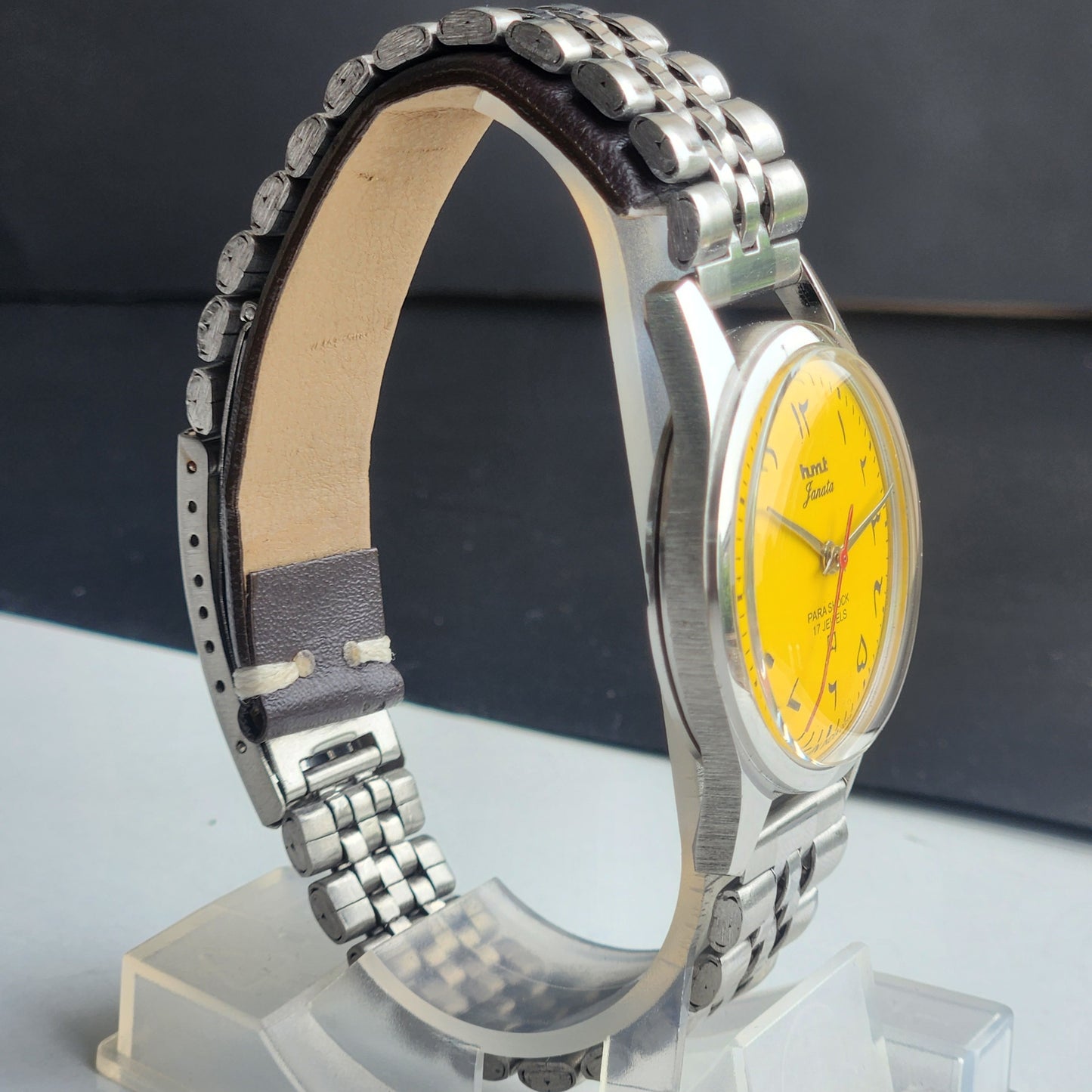 Vintage HMT Janata Urdu/Arabic Hand Winding 17 Jewels Yellow Face 35MM Silver Case Exhibition Back Men's Wrist Watch G50