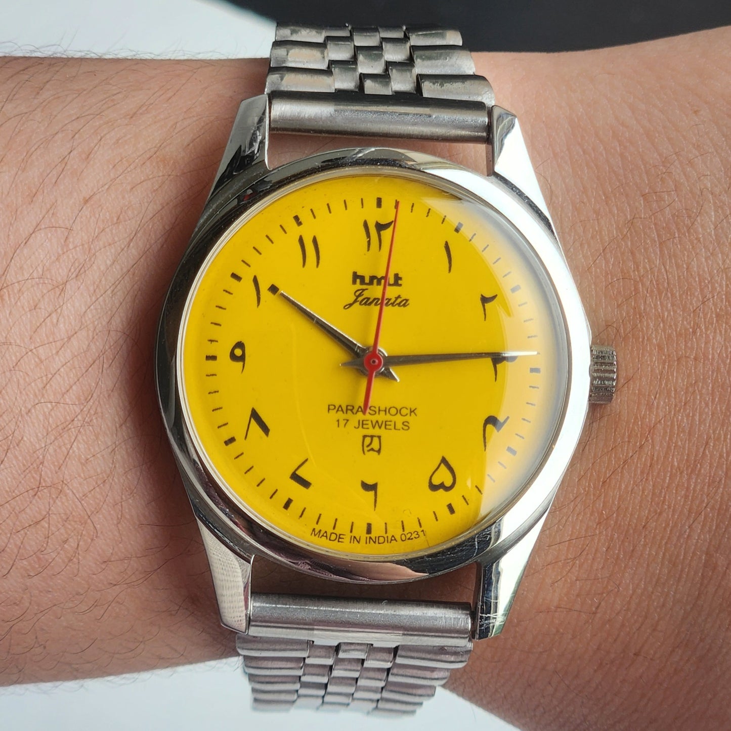 Vintage HMT Janata Urdu/Arabic Hand Winding 17 Jewels Yellow Face 35MM Silver Case Exhibition Back Men's Wrist Watch G50