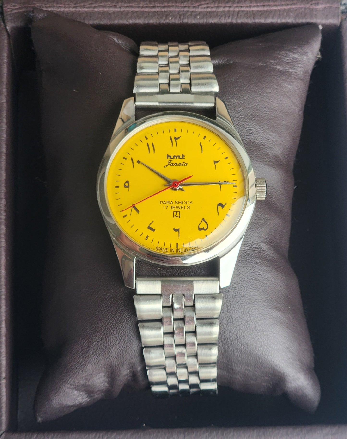 Vintage HMT Janata Urdu/Arabic Hand Winding 17 Jewels Yellow Face 35MM Silver Case Exhibition Back Men's Wrist Watch G50