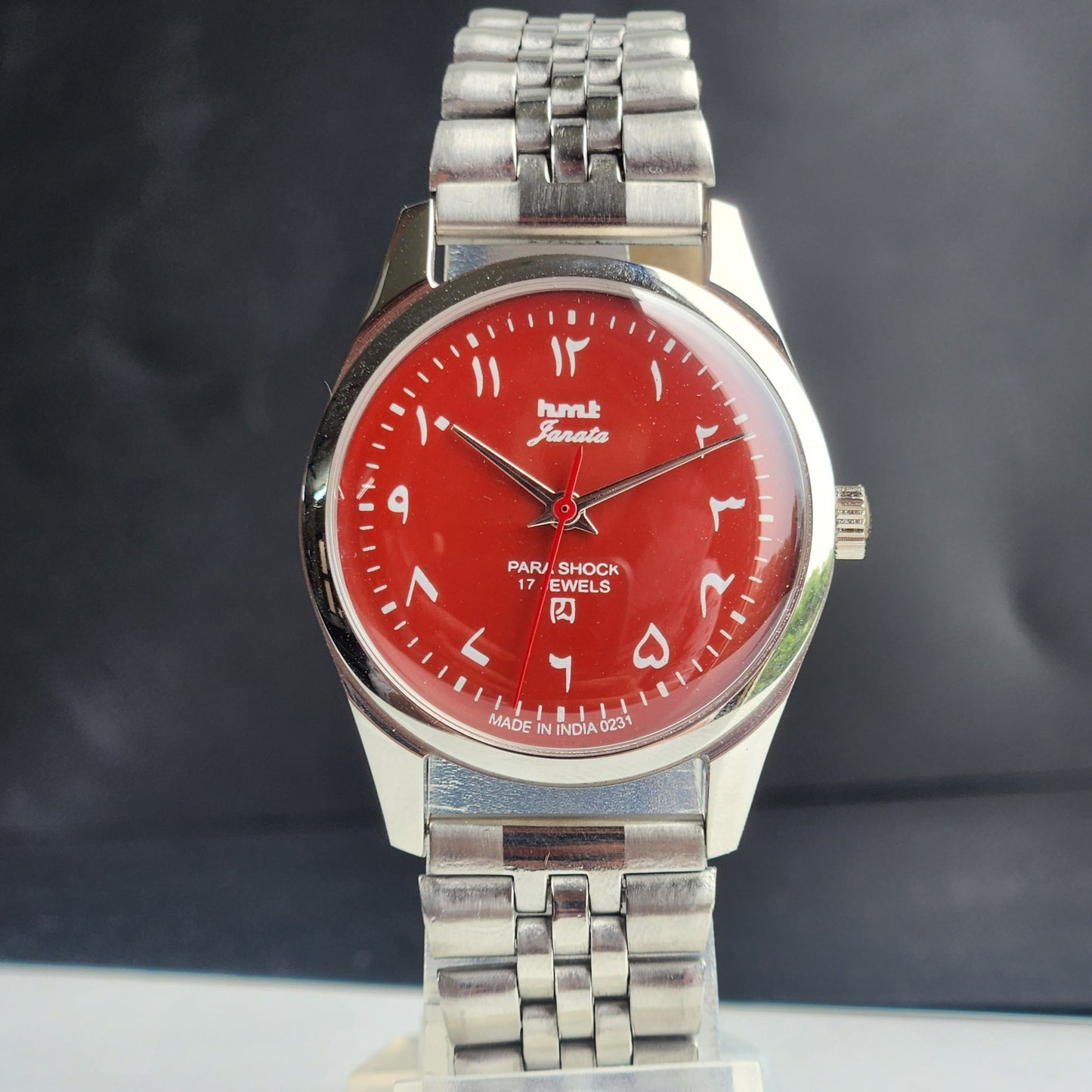 Vintage MOD HMT Janata Urdu/Arabic Hand Winding 17 Jewels Red Face 35MM Silver Case Exhibition Back Men's Wrist Watch G51