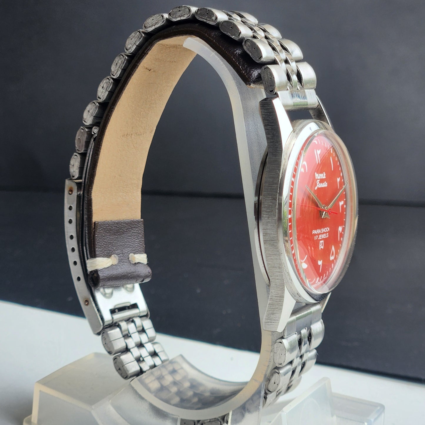 Vintage MOD HMT Janata Urdu/Arabic Hand Winding 17 Jewels Red Face 35MM Silver Case Exhibition Back Men's Wrist Watch G51