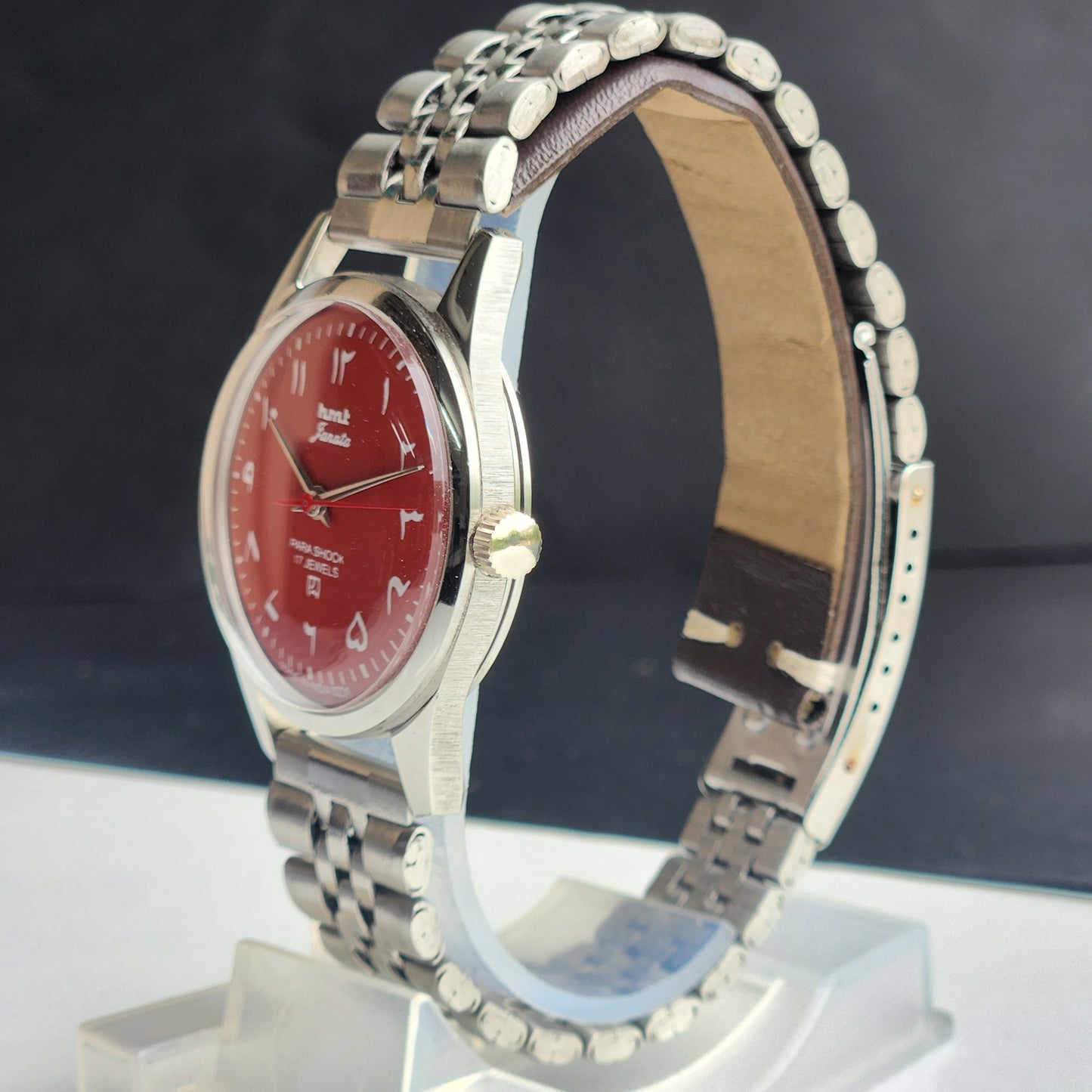 Vintage MOD HMT Janata Urdu/Arabic Hand Winding 17 Jewels Red Face 35MM Silver Case Exhibition Back Men's Wrist Watch G51