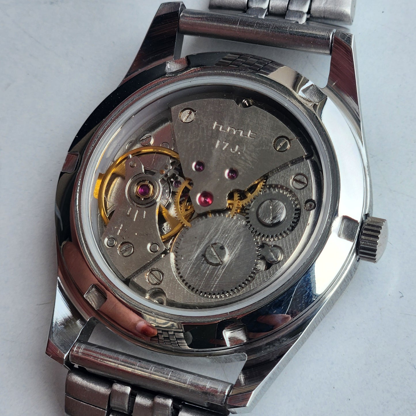Vintage MOD HMT Janata Urdu/Arabic Hand Winding 17 Jewels Red Face 35MM Silver Case Exhibition Back Men's Wrist Watch G51