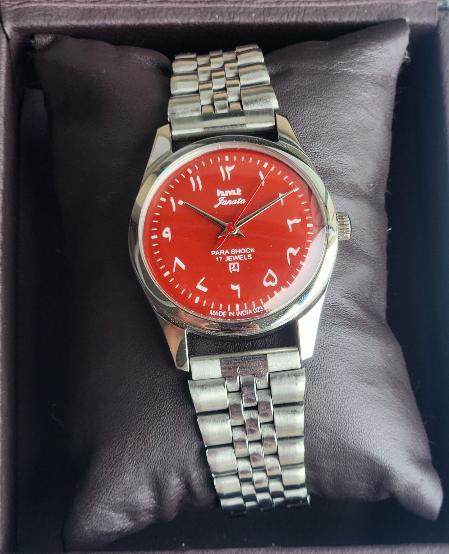Vintage MOD HMT Janata Urdu/Arabic Hand Winding 17 Jewels Red Face 35MM Silver Case Exhibition Back Men's Wrist Watch G51