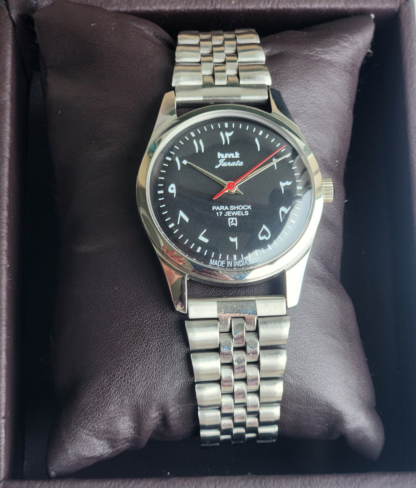 Vintage MOD HMT Janata Urdu/Arabic Hand Winding 17 Jewels Grey Face 35MM Silver Case Exhibition Back Men's Wrist Watch G53