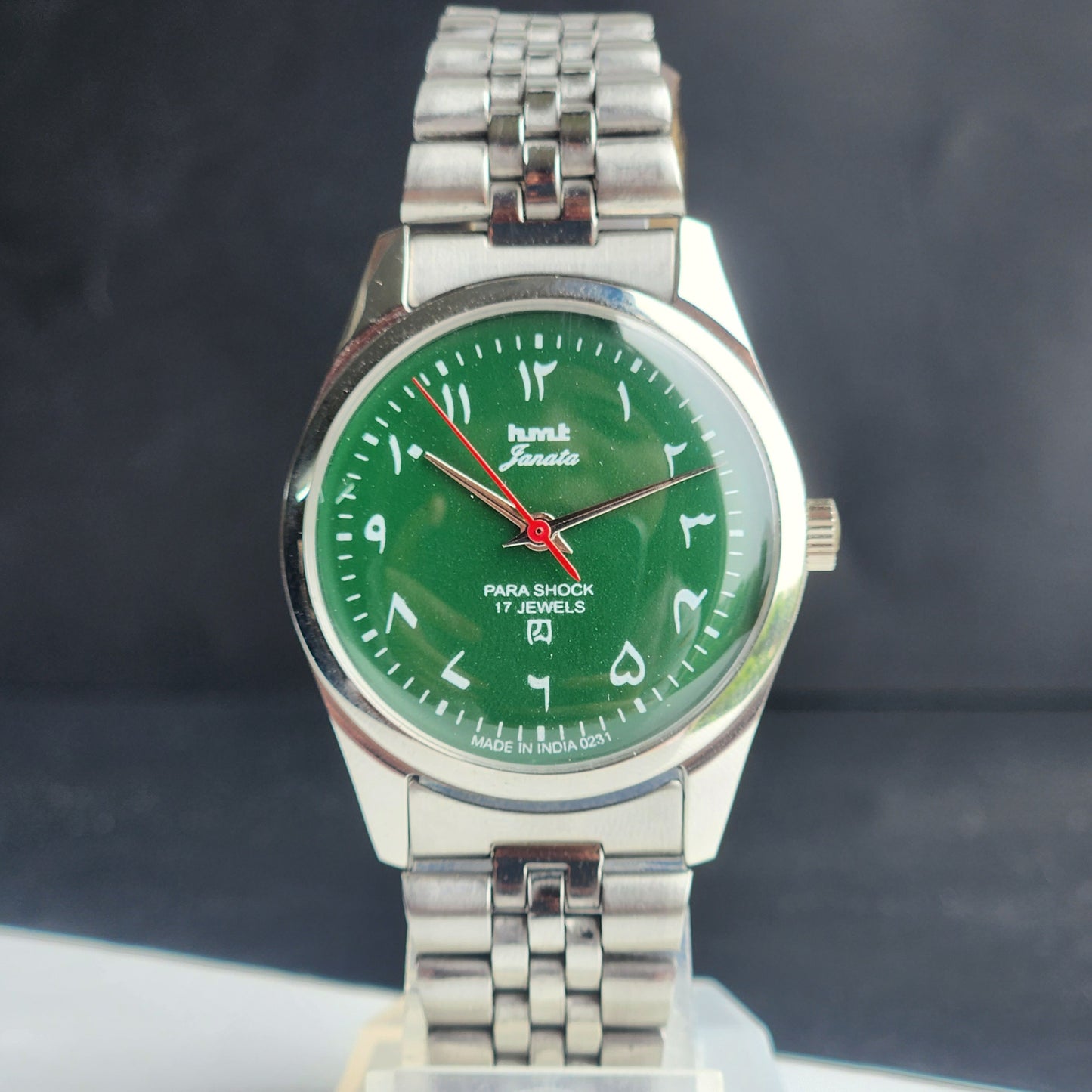 Vintage HMT Janata Urdu/Arabic Hand Winding 17 Jewels Green Face 35MM Silver Case Exhibition Back Men's Wrist Watch G54