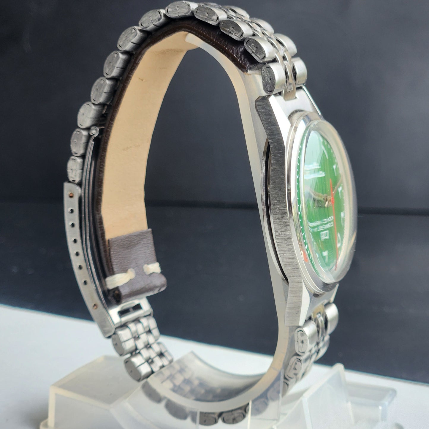 Vintage HMT Janata Urdu/Arabic Hand Winding 17 Jewels Green Face 35MM Silver Case Exhibition Back Men's Wrist Watch G54