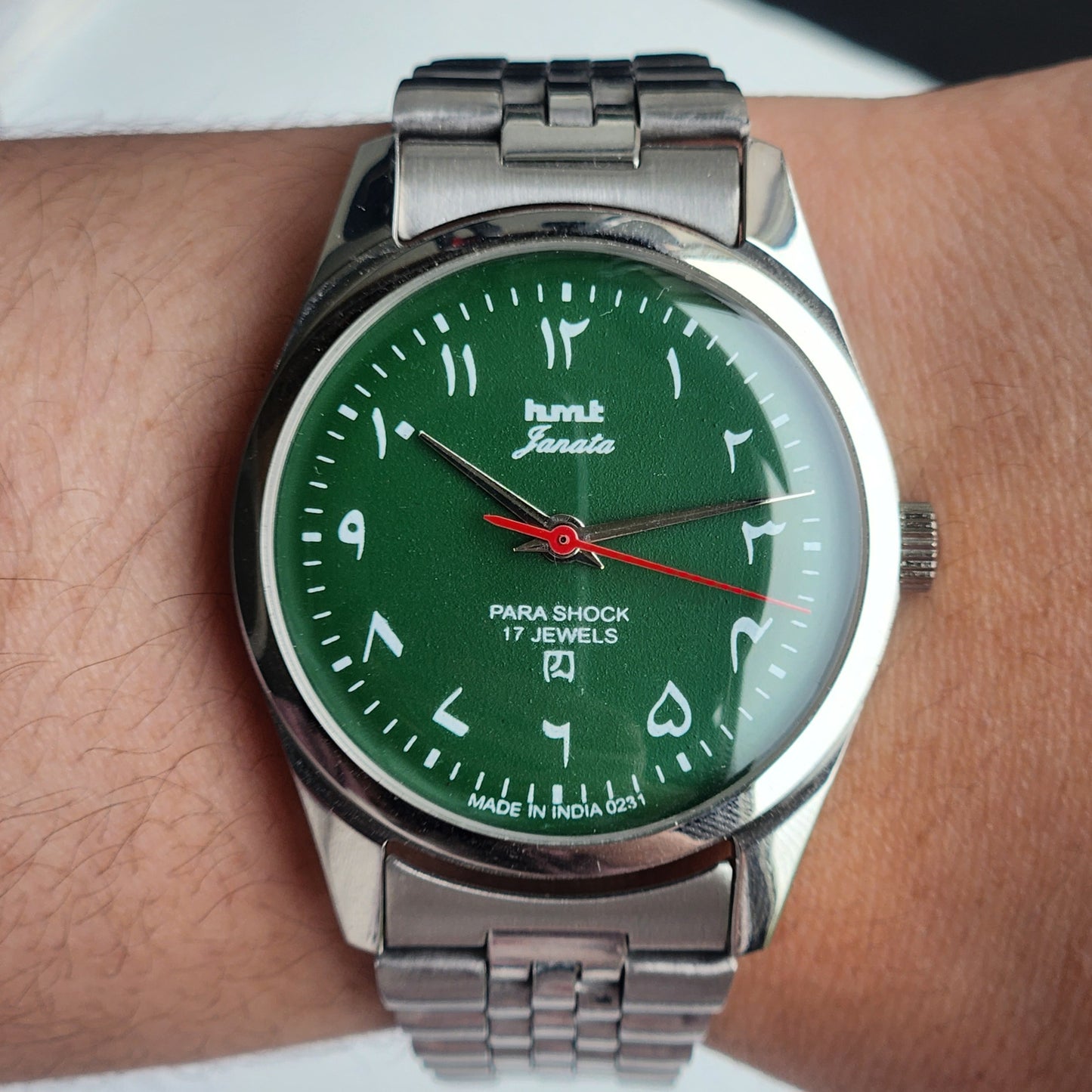 Vintage HMT Janata Urdu/Arabic Hand Winding 17 Jewels Green Face 35MM Silver Case Exhibition Back Men's Wrist Watch G54