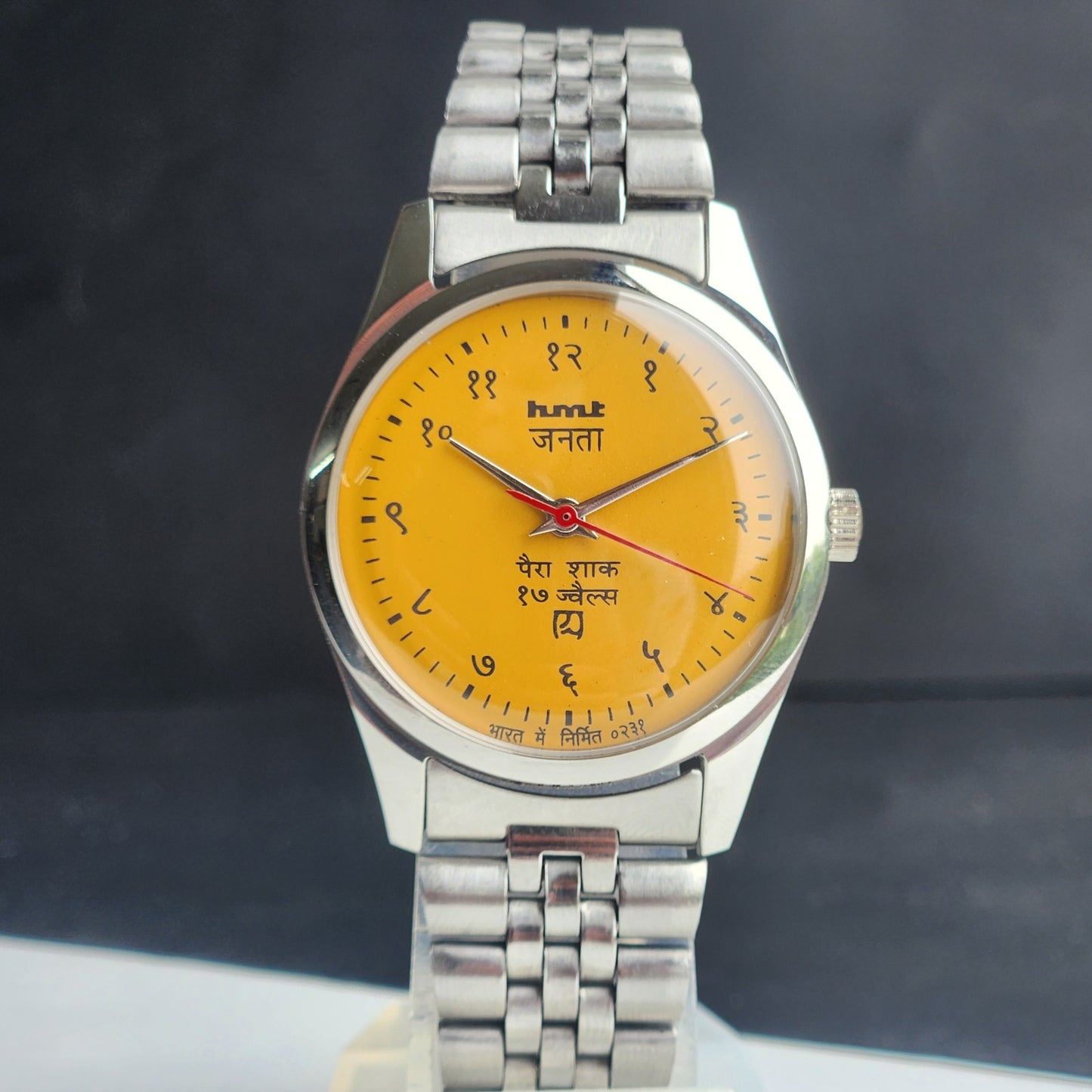 Vintage HMT Janata Devanagari Hand Winding 17 Jewels Yellow Face 35MM Silver Case Exhibition Back Men's Wrist Watch G55