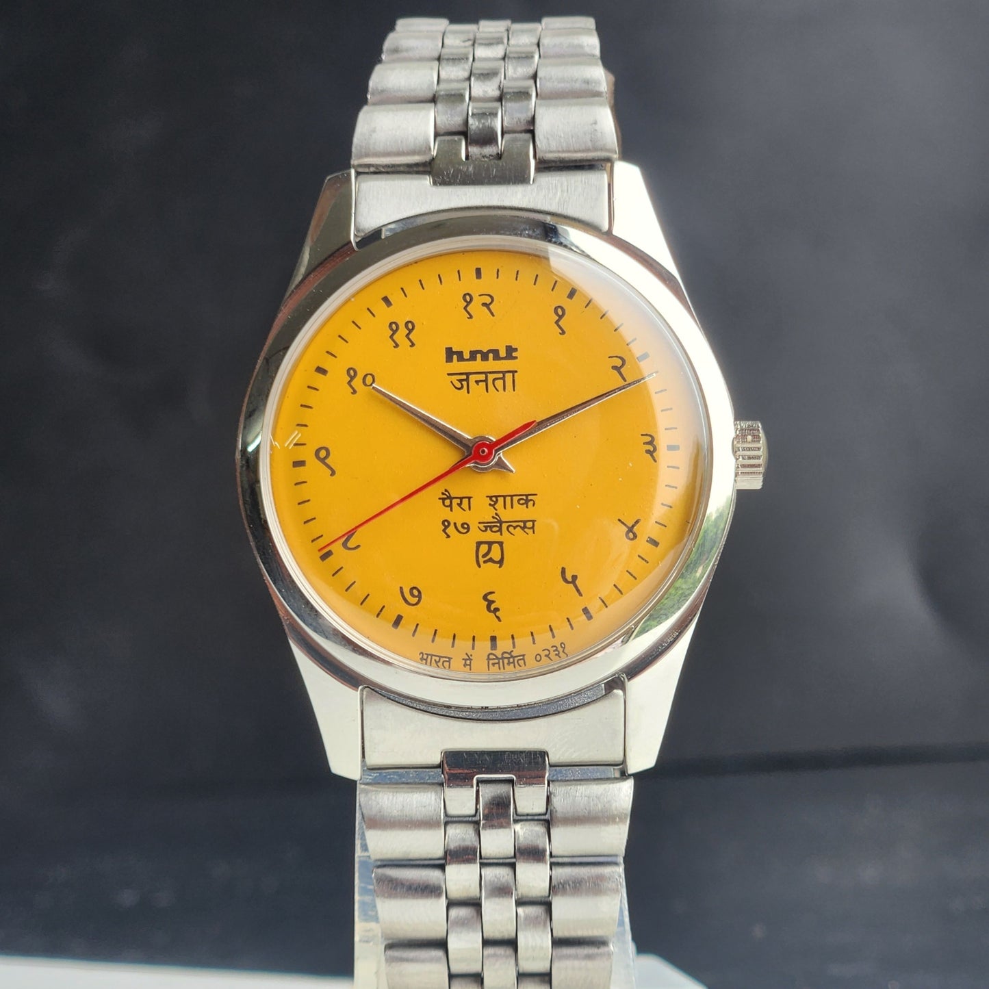 Vintage HMT Janata Devanagari Hand Winding 17 Jewels Yellow Face 35MM Silver Case Exhibition Back Men's Wrist Watch G55